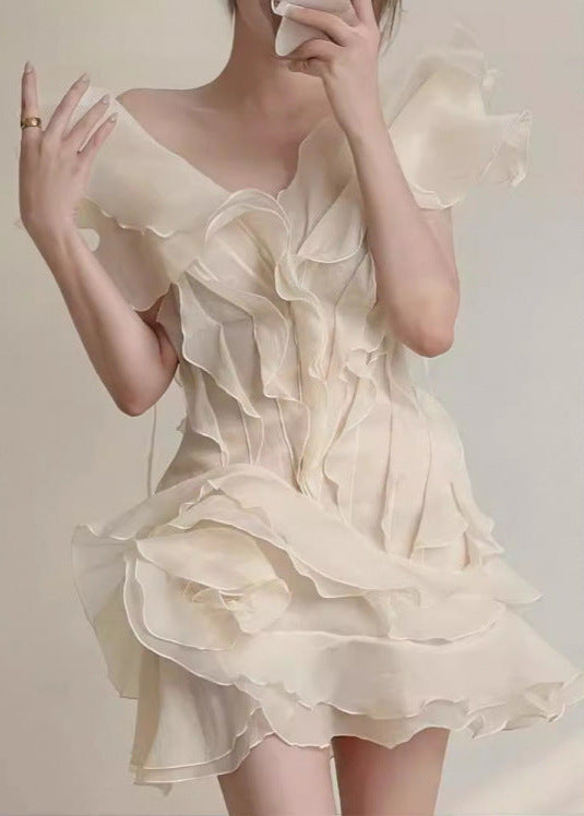 Organza Tiered Ruffle Lettuce Edge V Neck Mini Dress