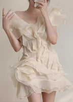 Organza Tiered Ruffle Lettuce Edge V Neck Mini Dress