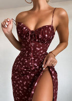 Floral Print Ruched Bustier Spaghetti Strap High Split Midi Dress