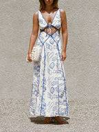 Nautical Seashell Print Tie Front Cut Out Waist Maxi Dress