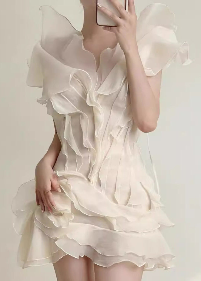 Organza Tiered Ruffle Lettuce Edge V Neck Mini Dress