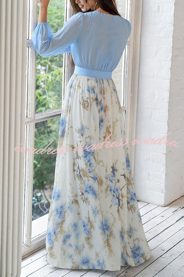 Plant Print V-neck Long Sleeve Elegant Stitching Maxi Dress