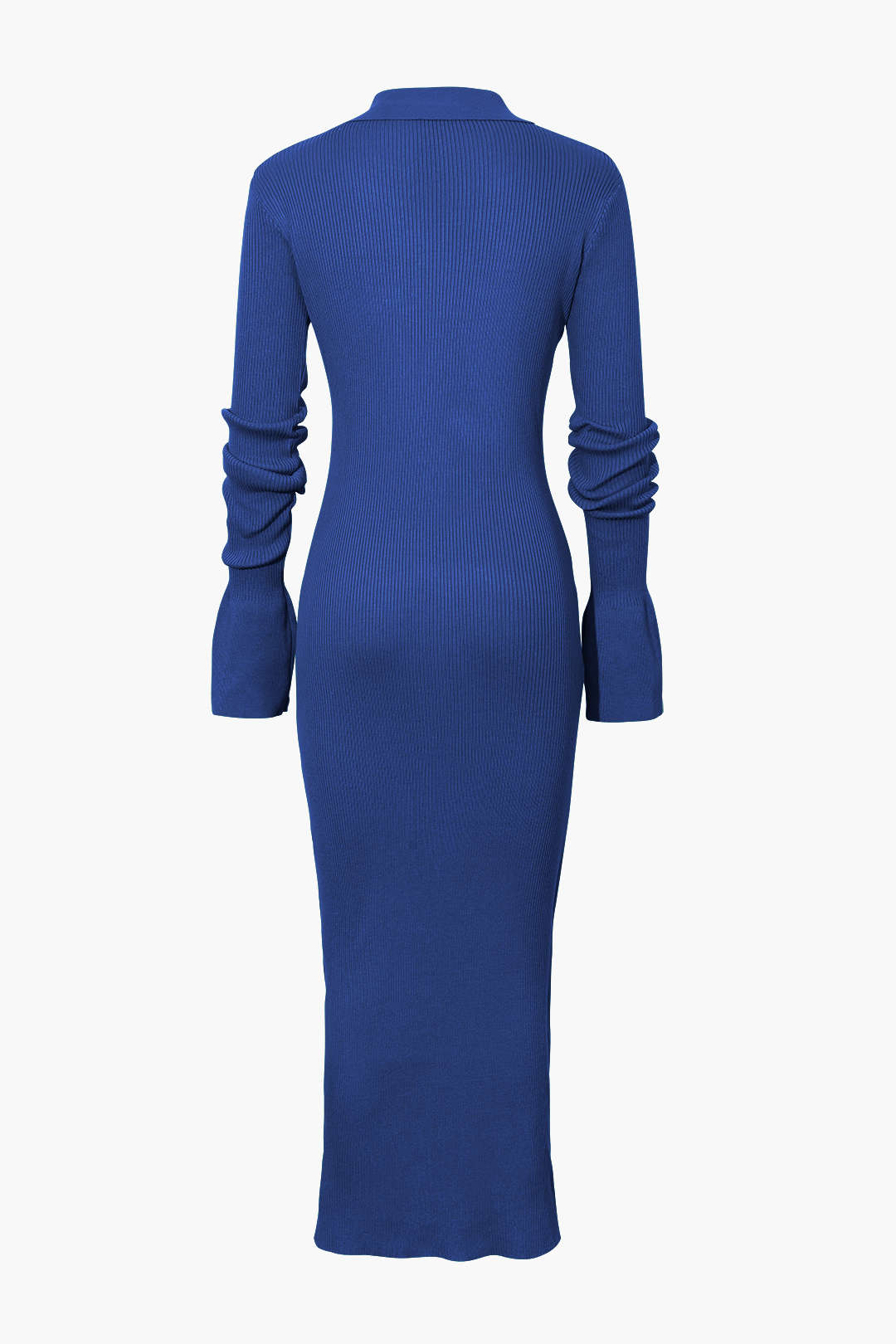 Rib Knit Polo Collar Button Front Flared Cuff Maxi Dress