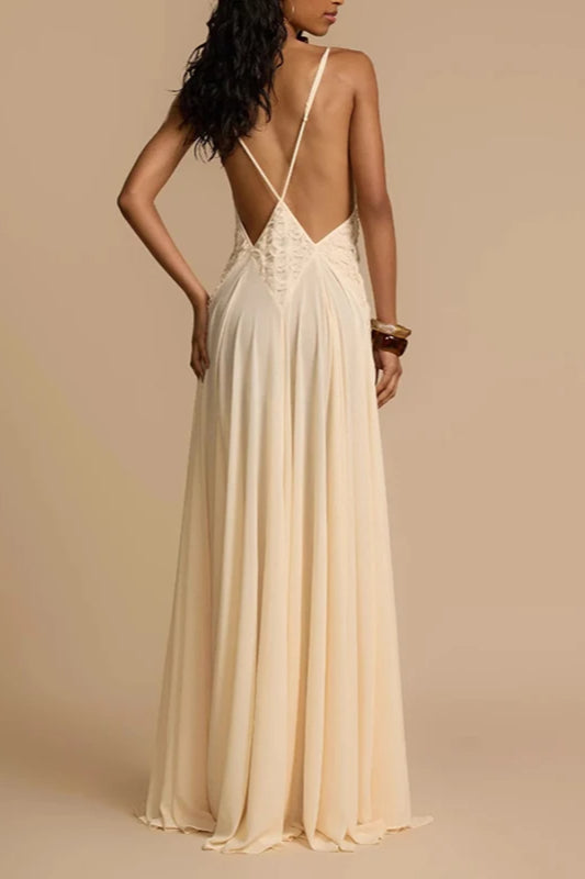 Ivory Deep V-Neck Lace Patchwork Dress