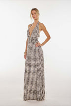 Polka Dot Halter Neck Deep V-Neck Ruched Waist Bodycon Maxi Dress