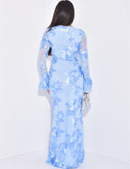 Scoop Neck Sheer Bell Sleeve Floral Sequin Embellished Mermaid Maxi Gown