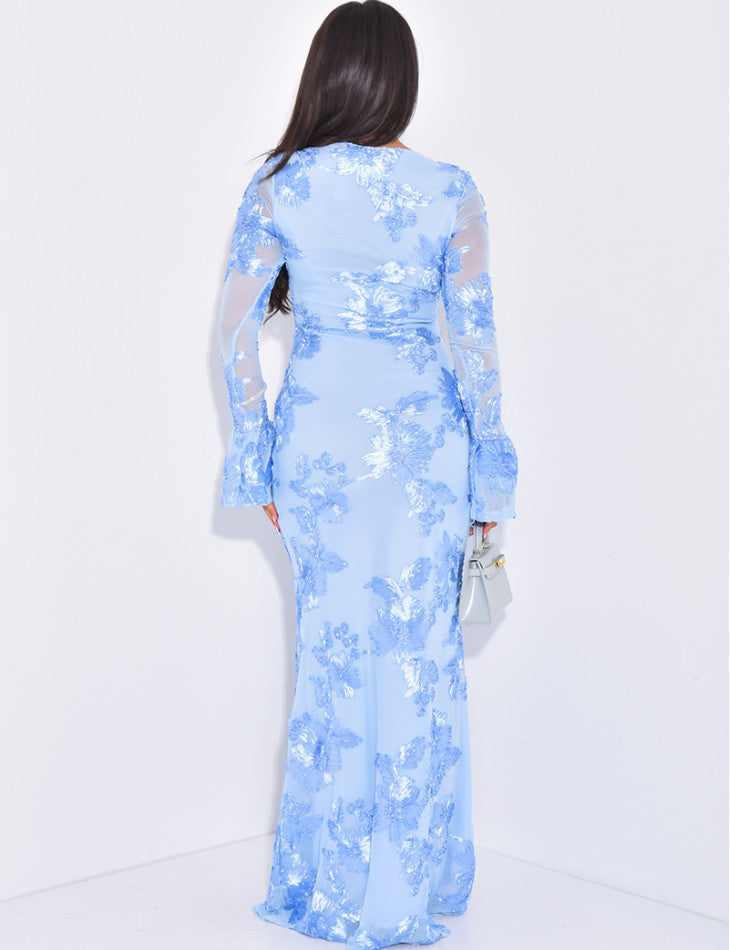 Scoop Neck Sheer Bell Sleeve Floral Sequin Embellished Mermaid Maxi Gown