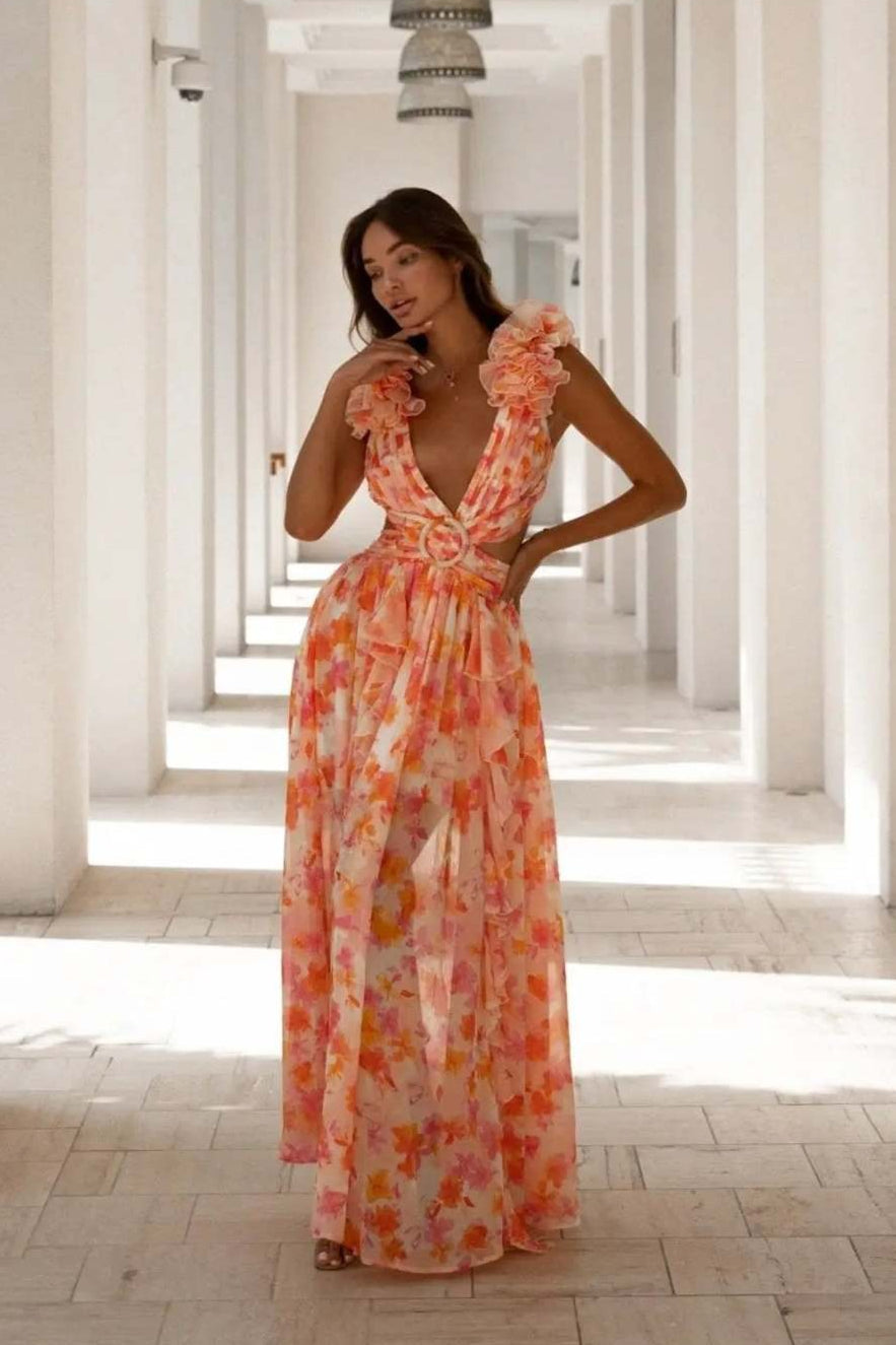 One Shoulder Ruffle Strap Cutout Tiered Blossom Print Maxi Dress