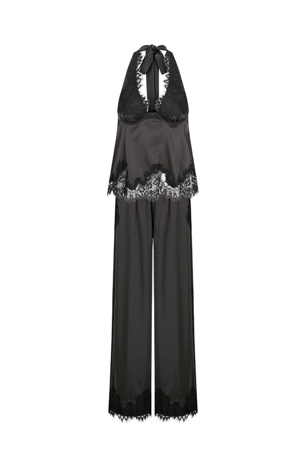 Elegant Morning Satin Lace Trim Halter Tie-up Tank and Elastic Waist Loose Pants Set