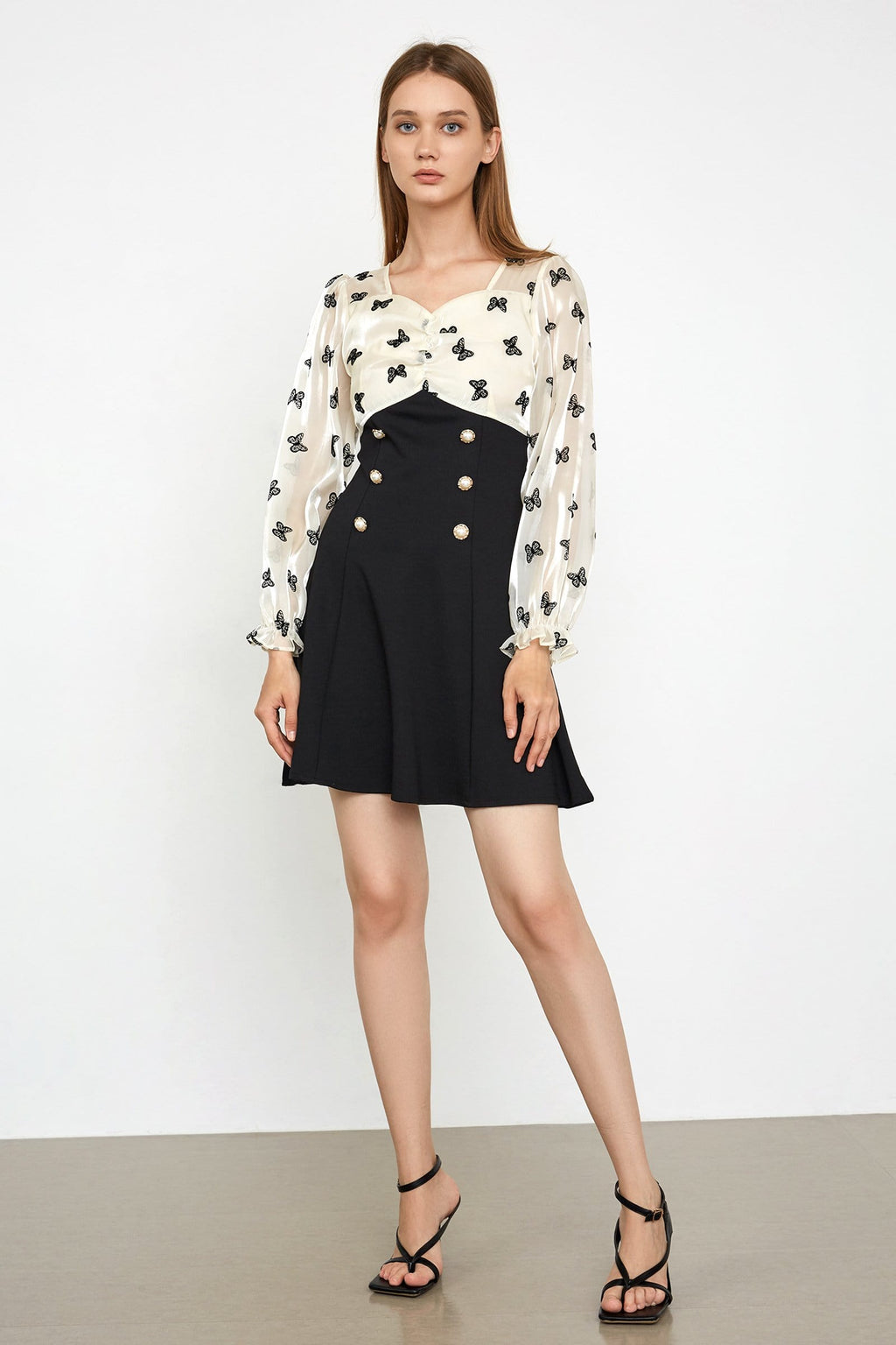 Butterfly Print Ruched Sweetheart Balloon Sleeve Pearl Button Mini Dress