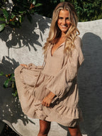 Boho Lantern Sleeve Mini Dress for Women - Cotton Blend V Neck Tiered Ruffle Loose Fit Smock - Spring Casual Resort 2026