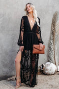 Deep V Neck Long Sleeve Floral Embroidered Mesh High Slit Maxi Dress