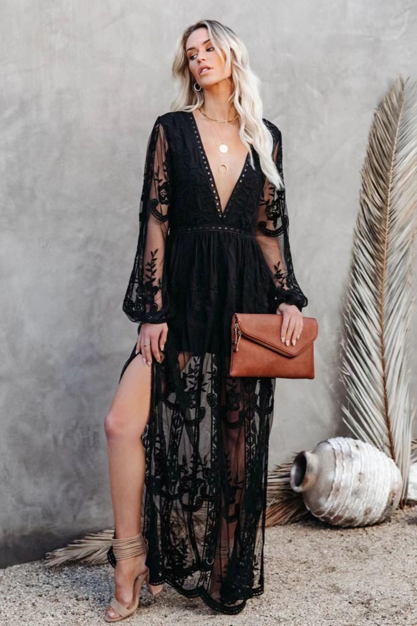 Deep V Neck Long Sleeve Floral Embroidered Mesh High Slit Maxi Dress