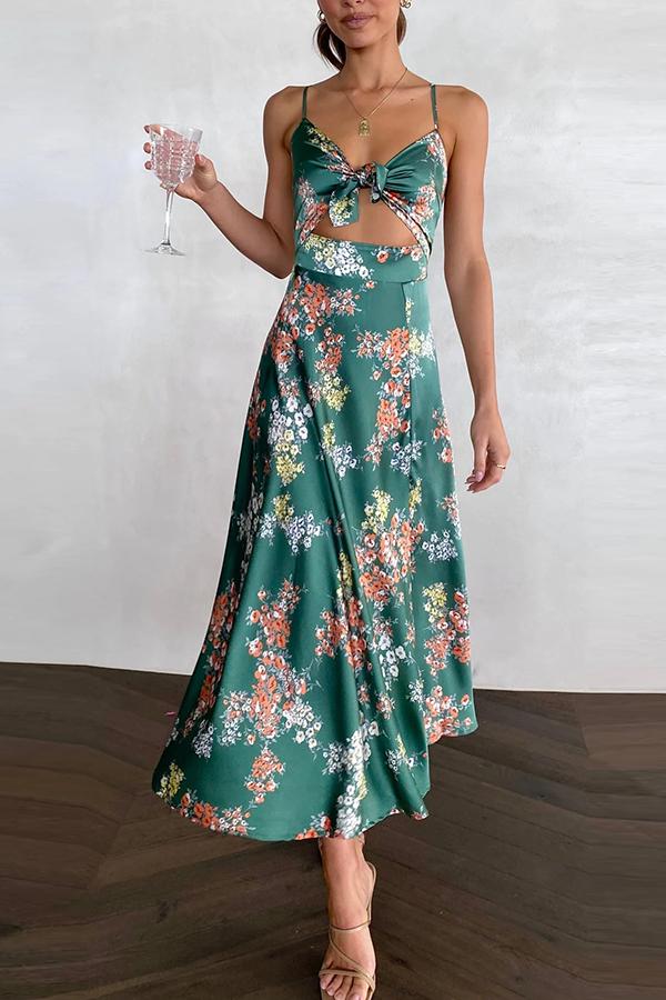 Floral Print Tie Front Sweetheart Cutout Midriff Slit Satin Maxi Dress
