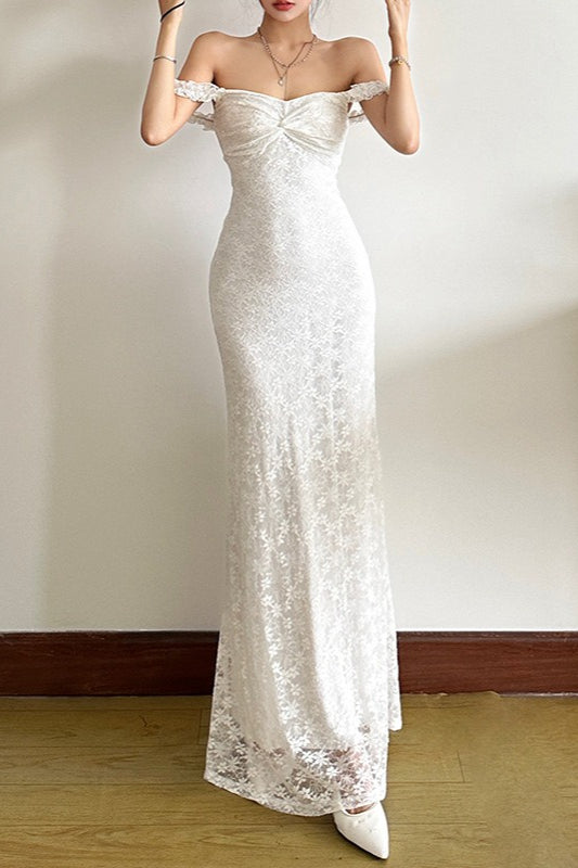 Lace Off Shoulder Ruffle Sleeve Sweetheart Neck Column Maxi Dress