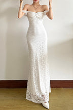 Lace Off Shoulder Ruffle Sleeve Sweetheart Neck Column Maxi Dress