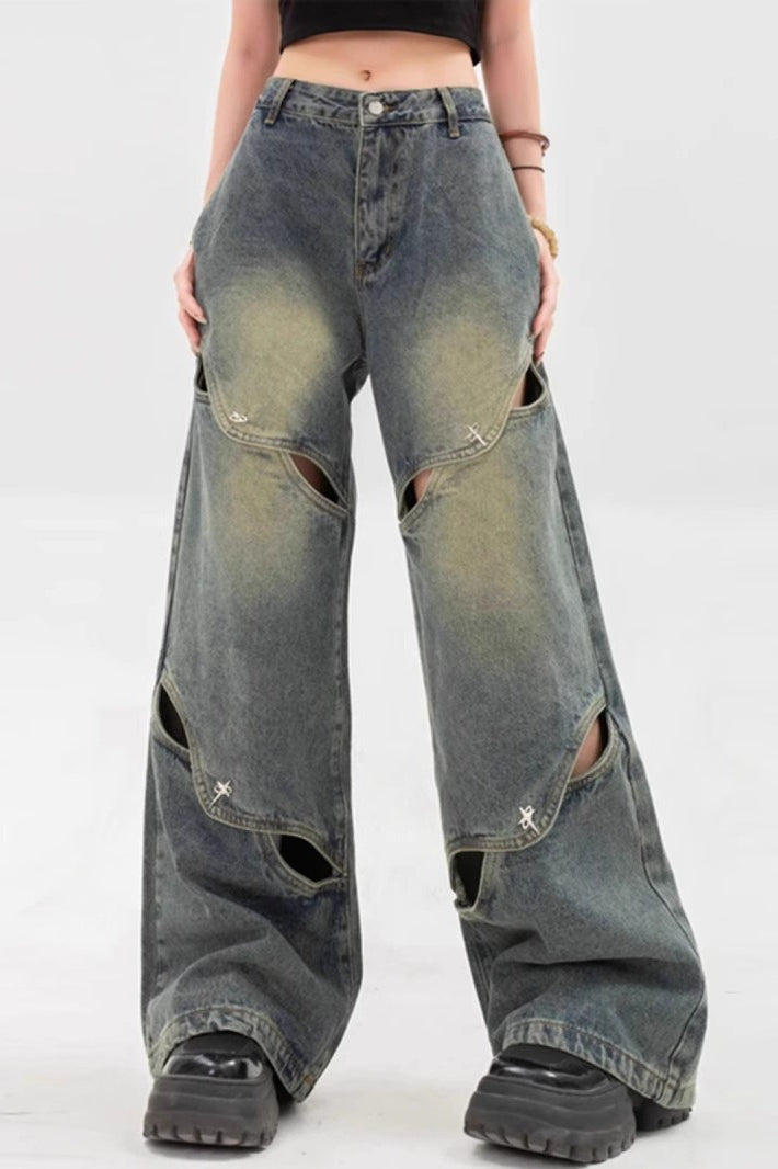 Heavy Cutout Vintage Long Wide Leg Jeans
