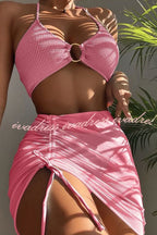 Commuting Style Suspender Pleated Hoop Three Pieces Swimsuit Set