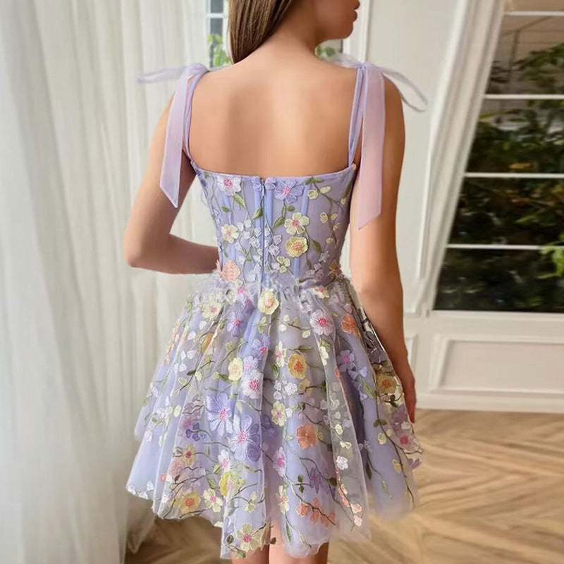3D Floral Applique Tie Shoulder Tulle Corset A-Line Mini Dress