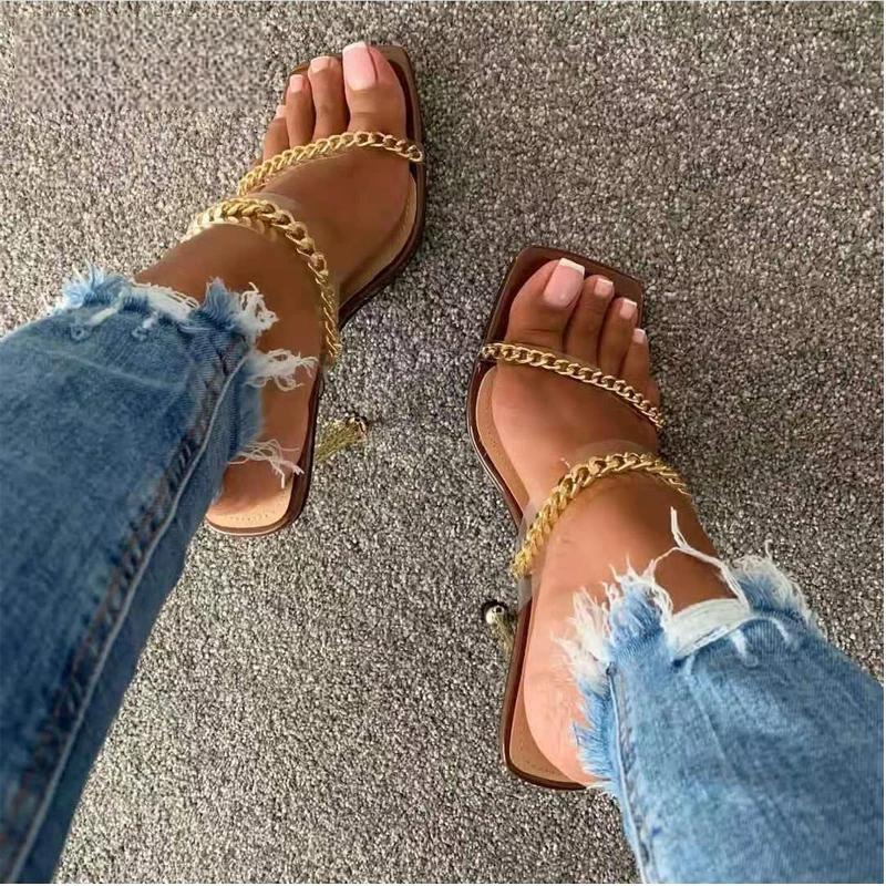 Clear PVC High Heel Slippers with Chain Design Square Toe Summer Fashion Slide