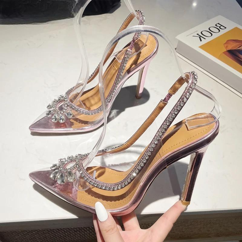 Clear Rhinestone Women Sandals Pumps with Hollow Out Slingbacks and High Heels