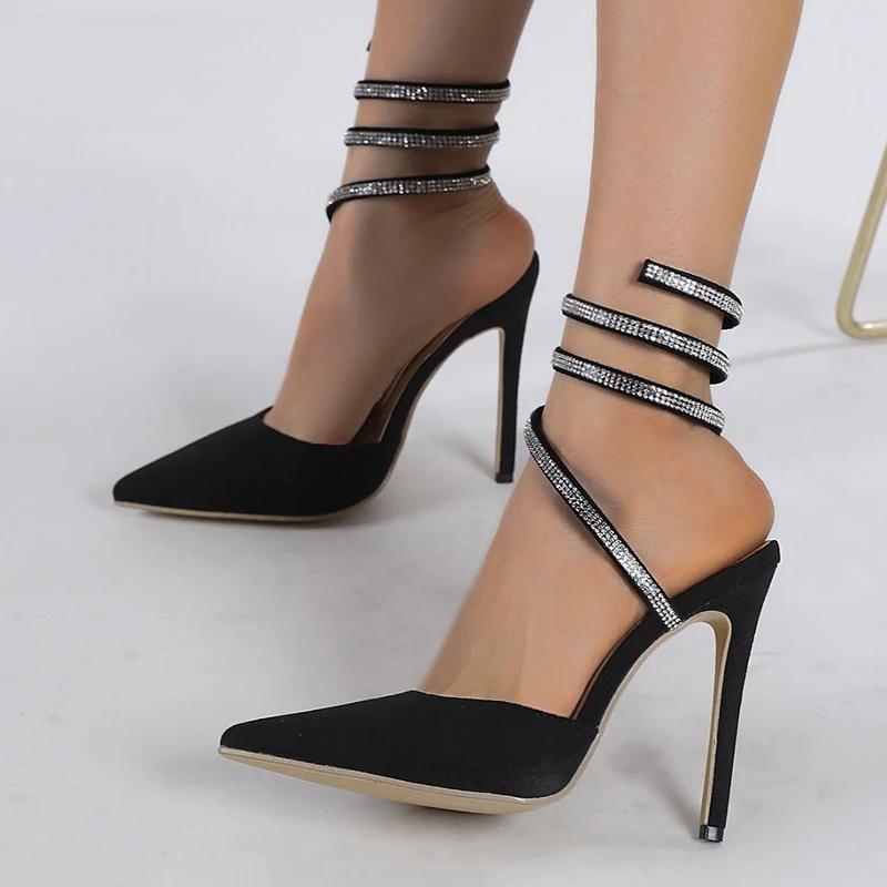 CRYSTAL Pumps Women Sandals with Thin Heel and Narrow Band for Party or Stripping