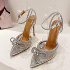 Transparent Silver Crystal Women Pumps with Ankle Strap and Thin High Heels