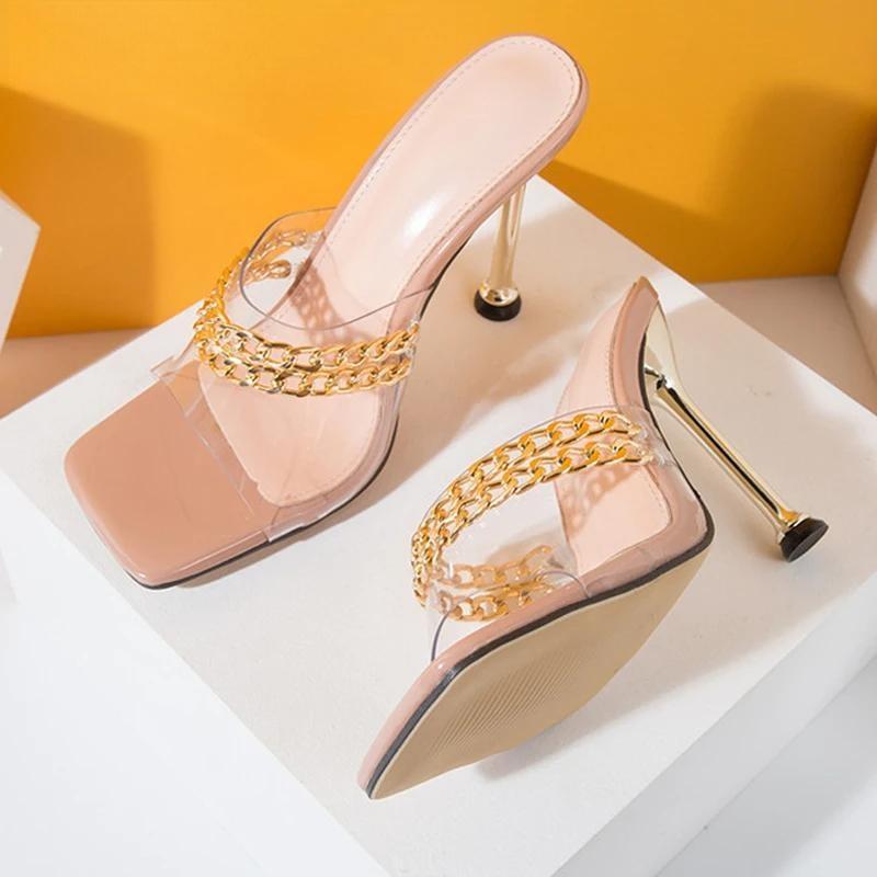 Summer Chain Women Slippers Sandals with Thin High Heels