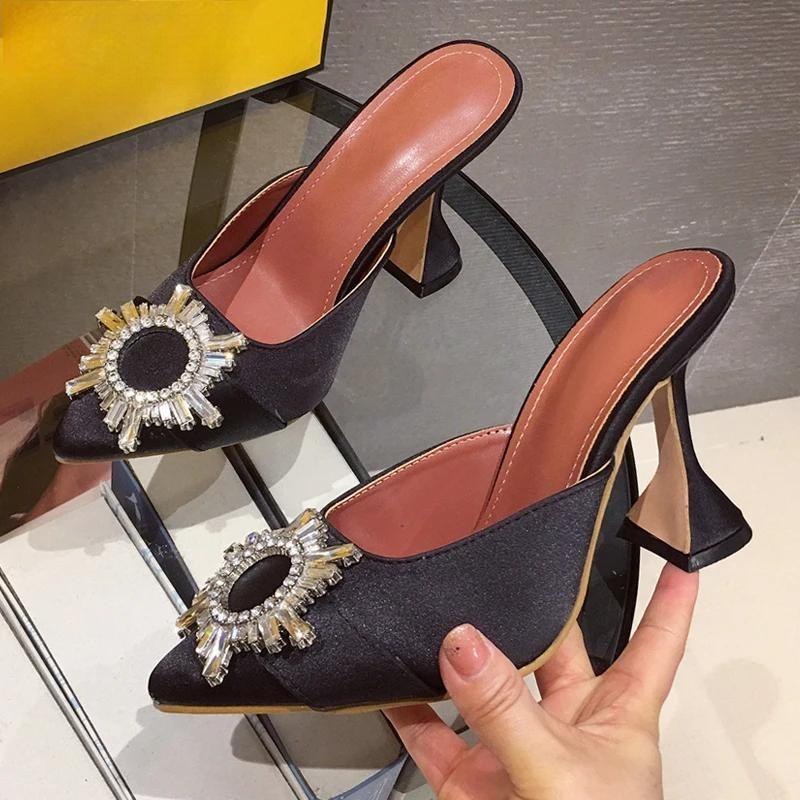 Red Silk Satin Pointed Toe Pumps with Rhinestone Crystal Wedding Slip On Strange Style Heel