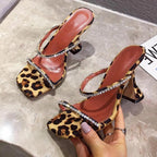 Summer Slippers Women Fashion Open Toe Crystal High Heels Leopard Sandals