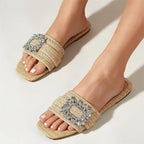 Summer Glitter Rhinestone Women Sandals with Flat Bottom