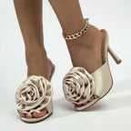 Silk Flower Peep Toe High Heel Slipper Mule Slides for Women