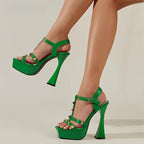 Rivet Peep Toe Platform Sandals with Super High Heels for Women