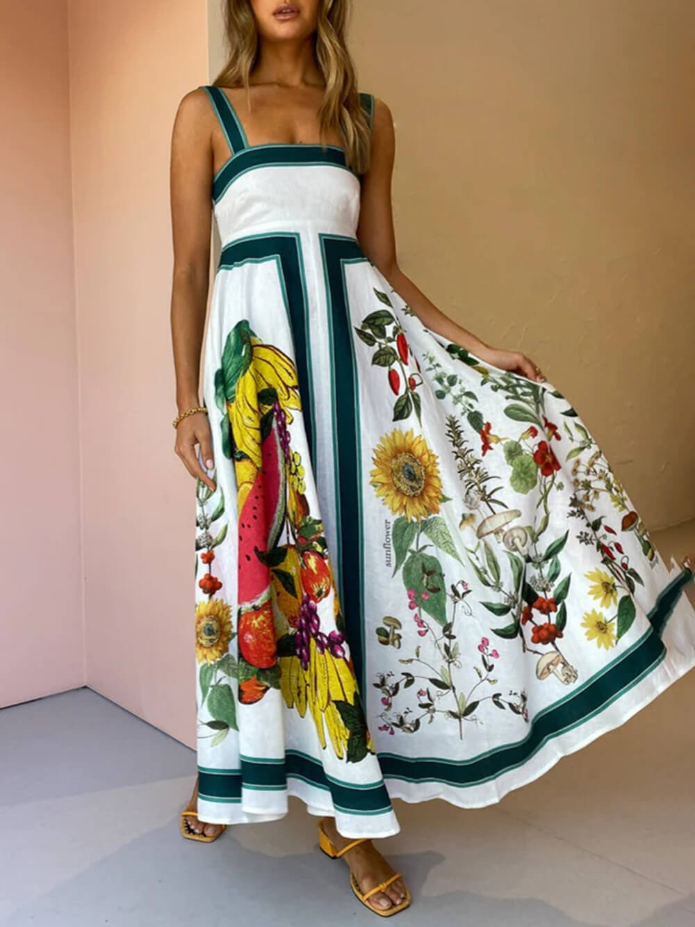 Botanical Fruit Print Square Neck Contrast Trim A-Line Maxi Dress