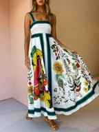 Botanical Fruit Print Square Neck Contrast Trim A-Line Maxi Dress