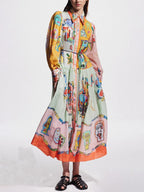 Long Sleeve Button Front Tie Belt Graphic Print Pleated Midi Shirt Dress