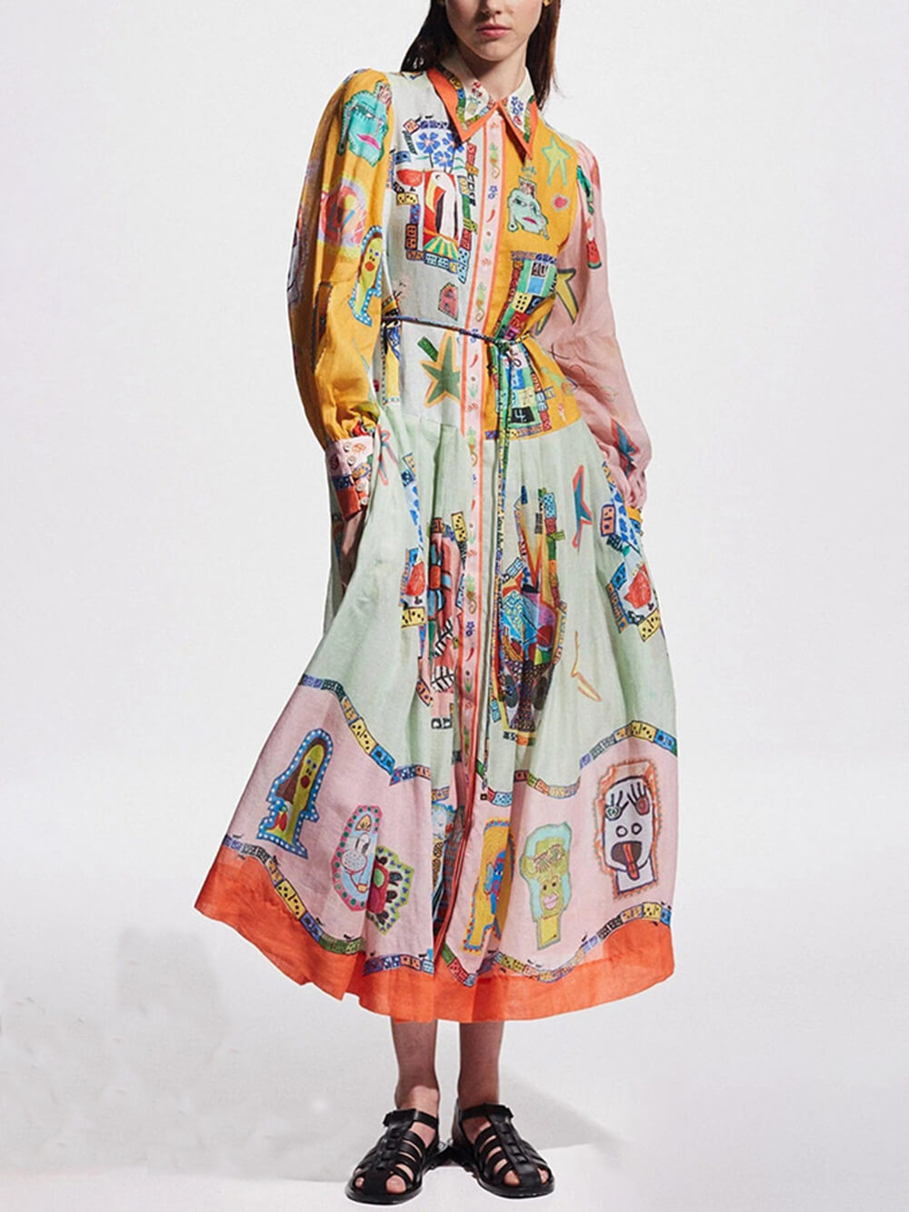 Long Sleeve Button Front Tie Belt Graphic Print Pleated Midi Shirt Dress