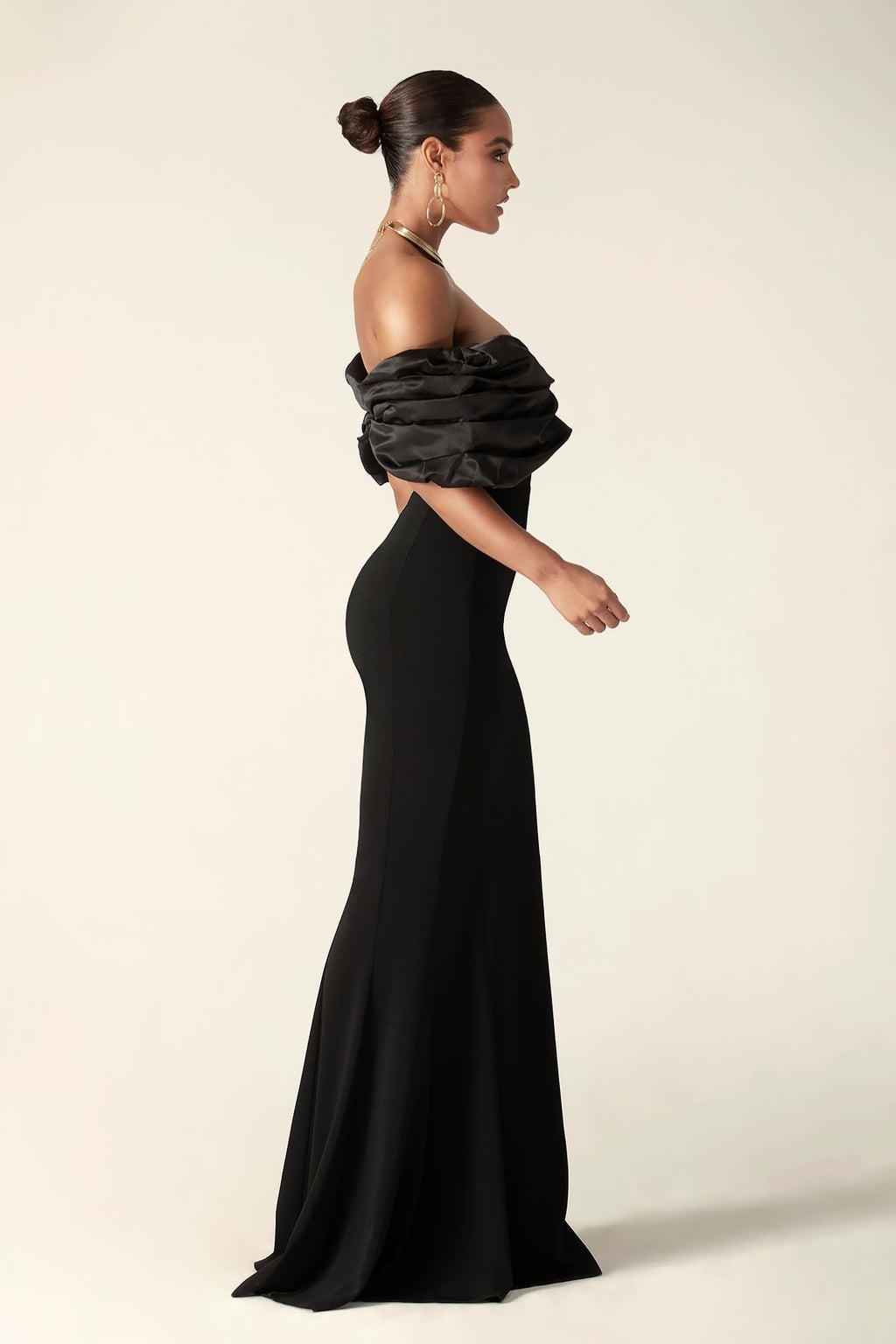 Off Shoulder Draped Satin Bodice High Split Column Maxi Gown
