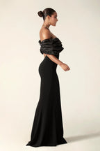 Off Shoulder Draped Satin Bodice High Split Column Maxi Gown