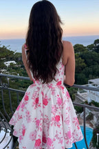 Square Neck Corset Bodice Floral Print Pleated Mini Dress