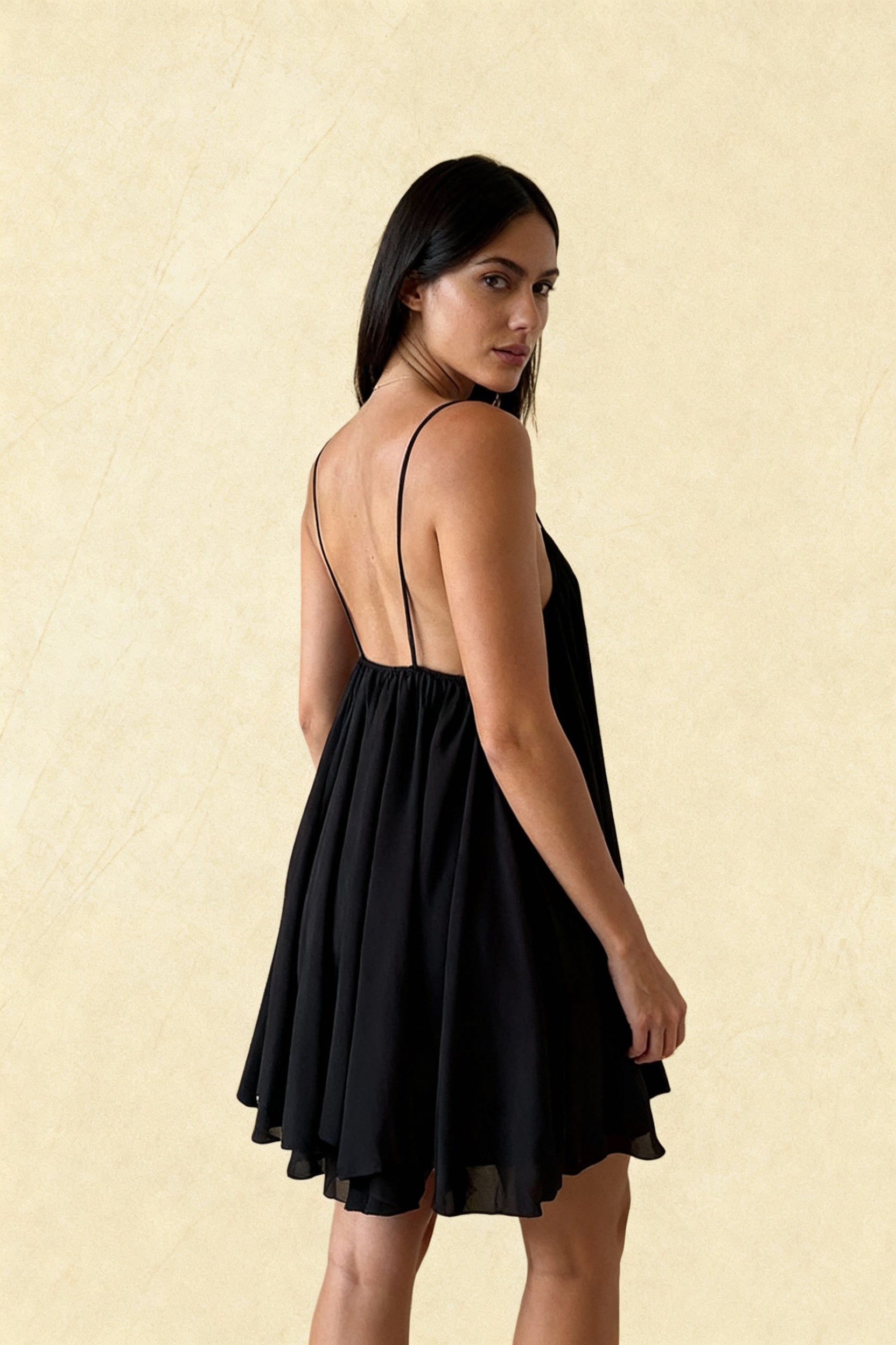 Chiffon Deep V-Neck Spaghetti Strap Swing Trapeze Mini Dress