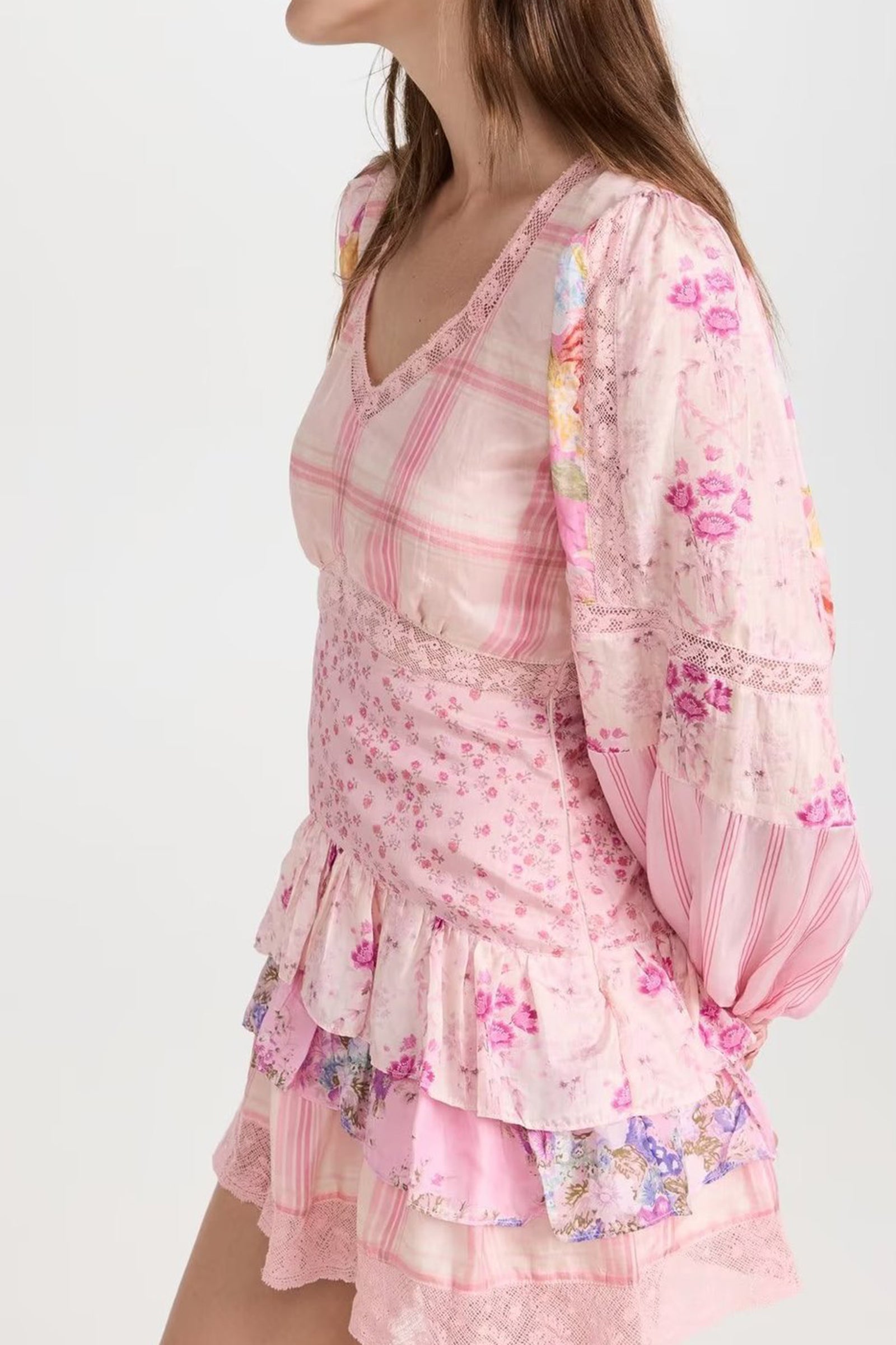 Patchwork Floral Long Sleeve Lace Trim Tiered Ruffle Mini Dress