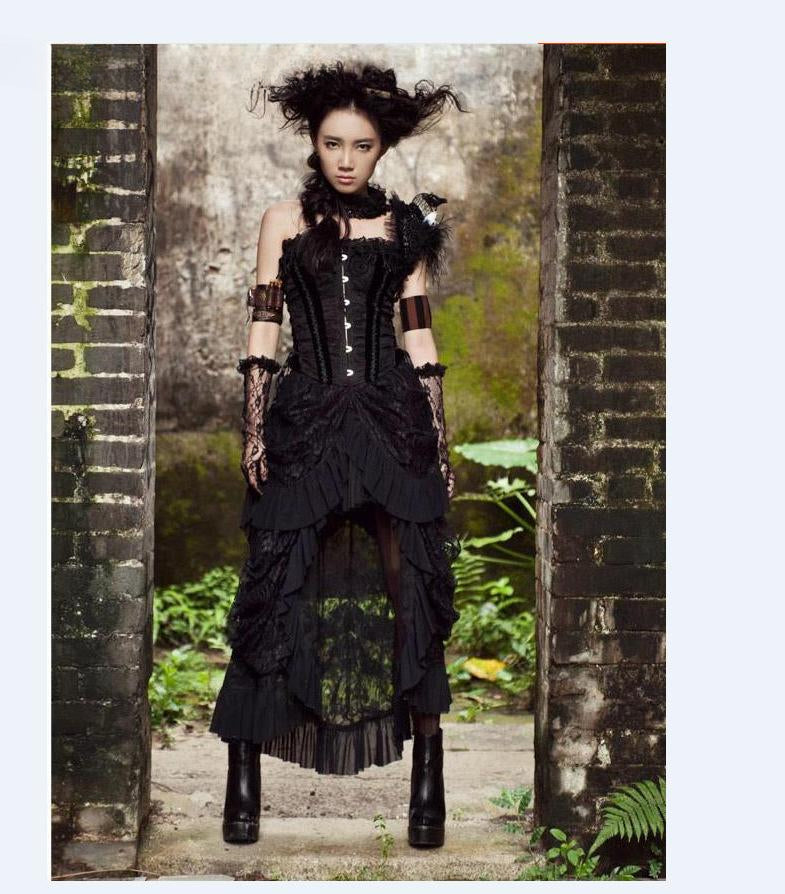 Gothic Lace Up Corset Bustle Tiered High Low Maxi Skirt