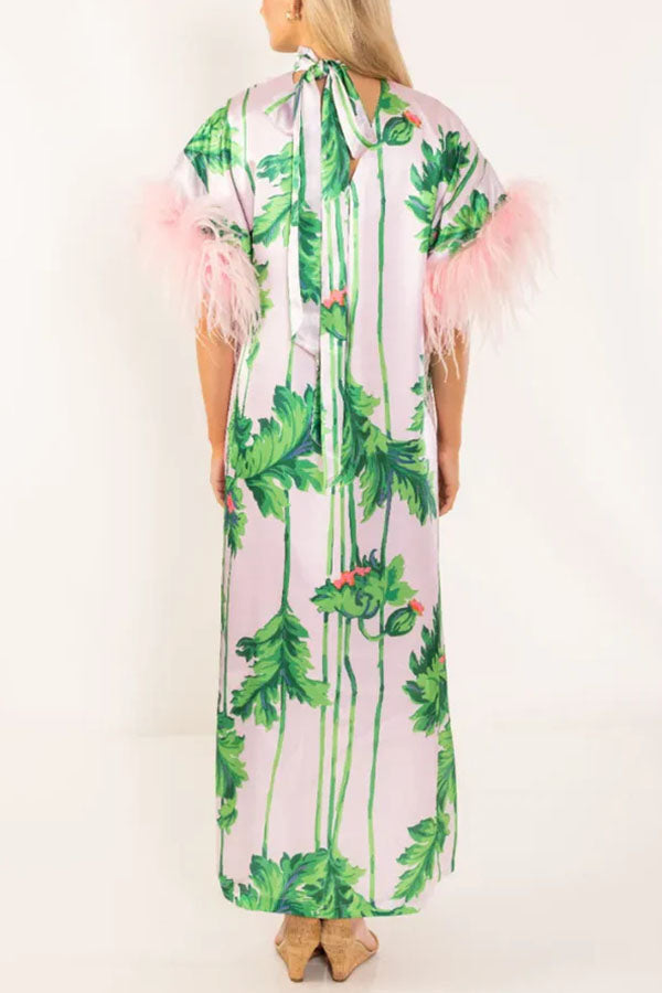 Darling Satin Botanical Print Tie-up Neck Half Sleeve Feather Trim Caftan Midi Dress