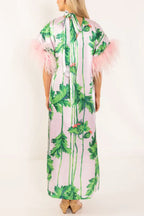 Darling Satin Botanical Print Tie-up Neck Half Sleeve Feather Trim Caftan Midi Dress