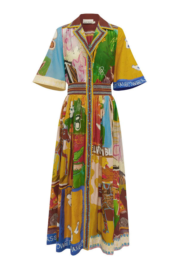 Vintage-Style Multi-Color Print Shirt Maxi Dress
