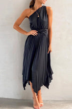 One Shoulder Sleeveless Waisted Swing Dress