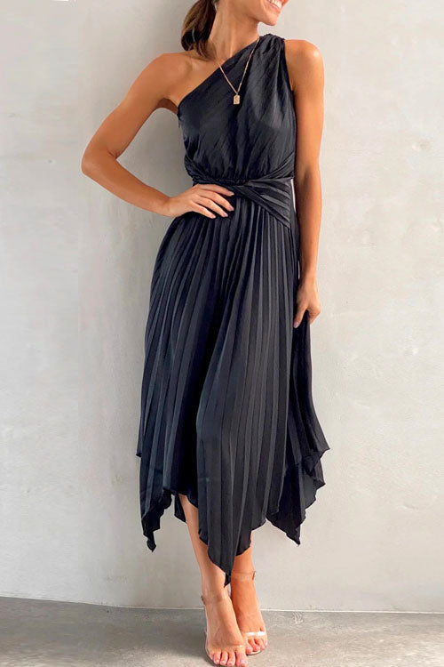 One Shoulder Sleeveless Waisted Swing Dress