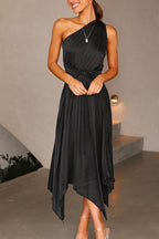 One Shoulder Sleeveless Waisted Swing Dress
