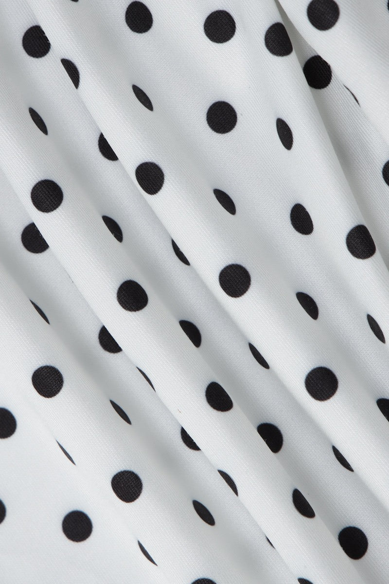 White Cowl Neck Halter Polka Dot Asymmetrical Hem Midi Dress